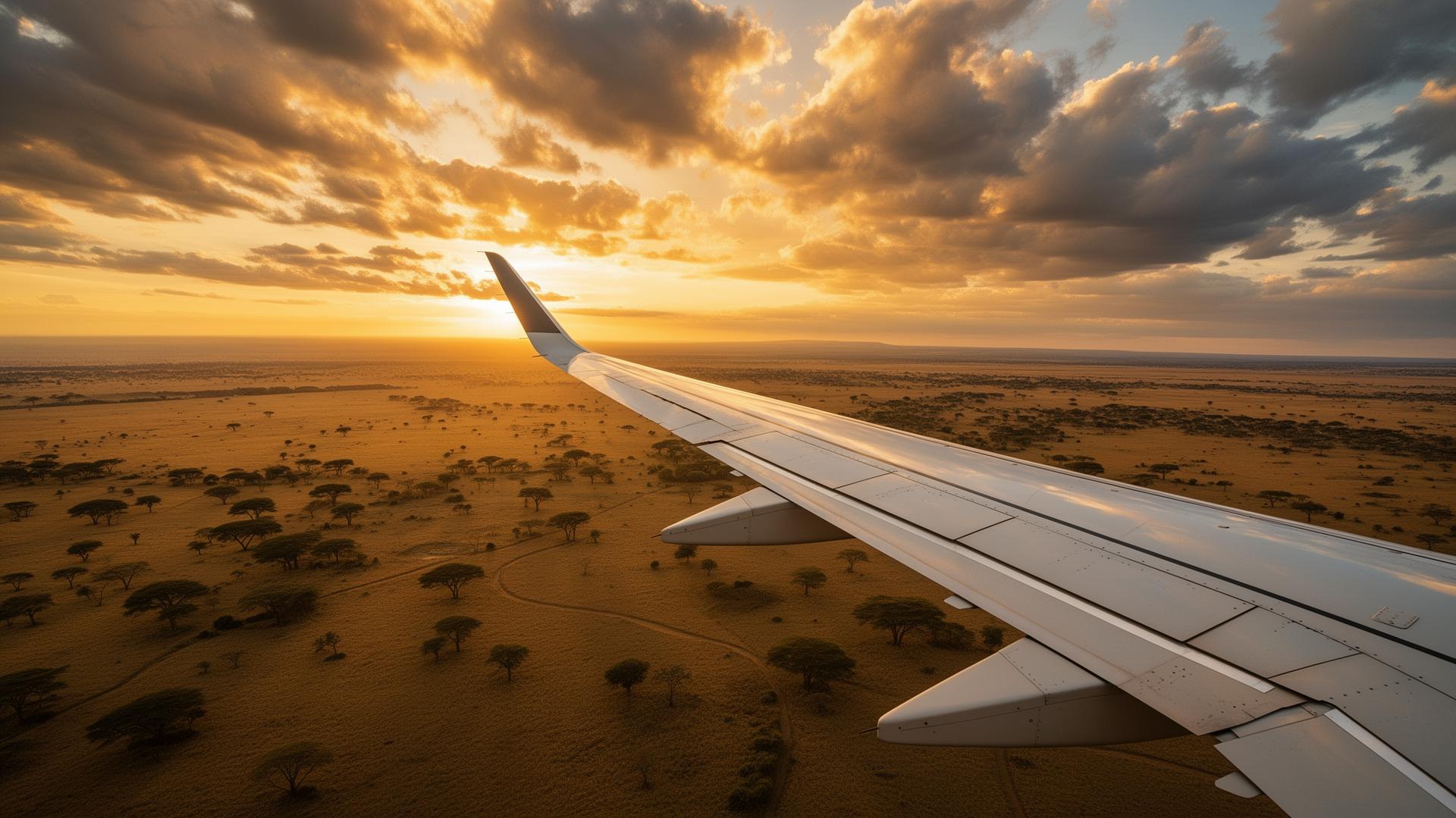 Aerial view over African savanna from airplane